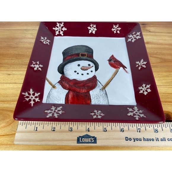 Vintage St Nicholas Square Yuletide SNOWMAN Cardinal Plate Candy Dish Decor 8.5” - Picture 5 of 6